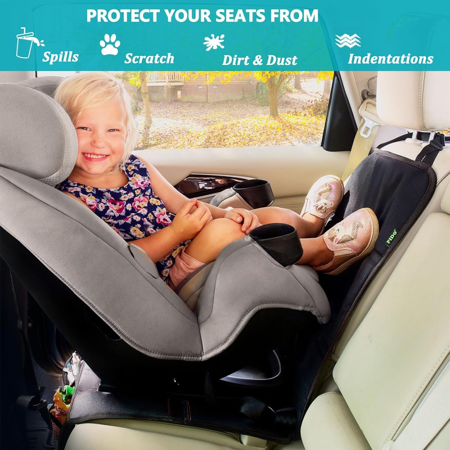 Car Seat Protector for Child Car Seat with Thick Padding, Waterproof Fabric and Storage Pockets, Child/Baby Carseat Padding Mat, Universal Fit for Vehicle Leather Upholstery