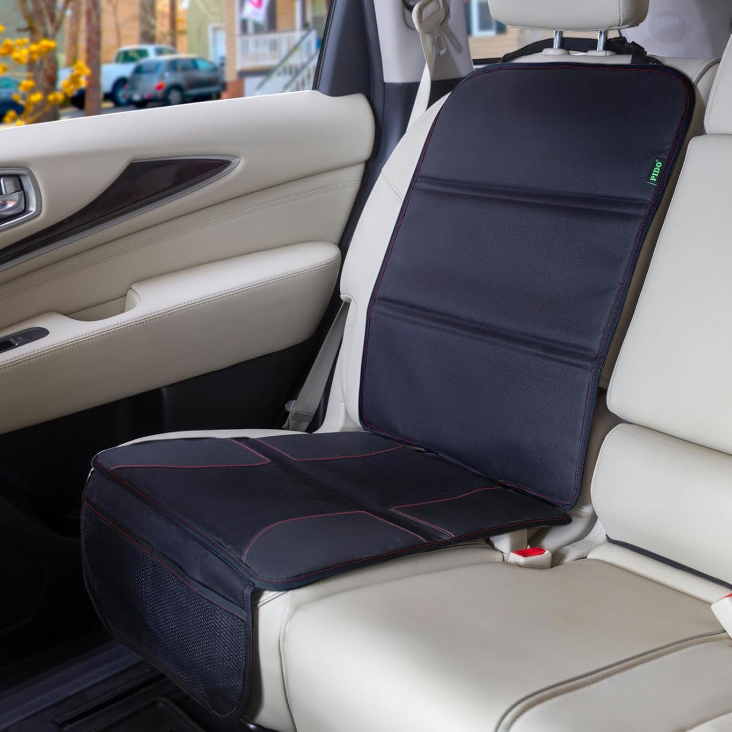 Car Seat Protector for Child Car Seat with Thick Padding, Waterproof Fabric and Storage Pockets, Child/Baby Carseat Padding Mat, Universal Fit for Vehicle Leather Upholstery