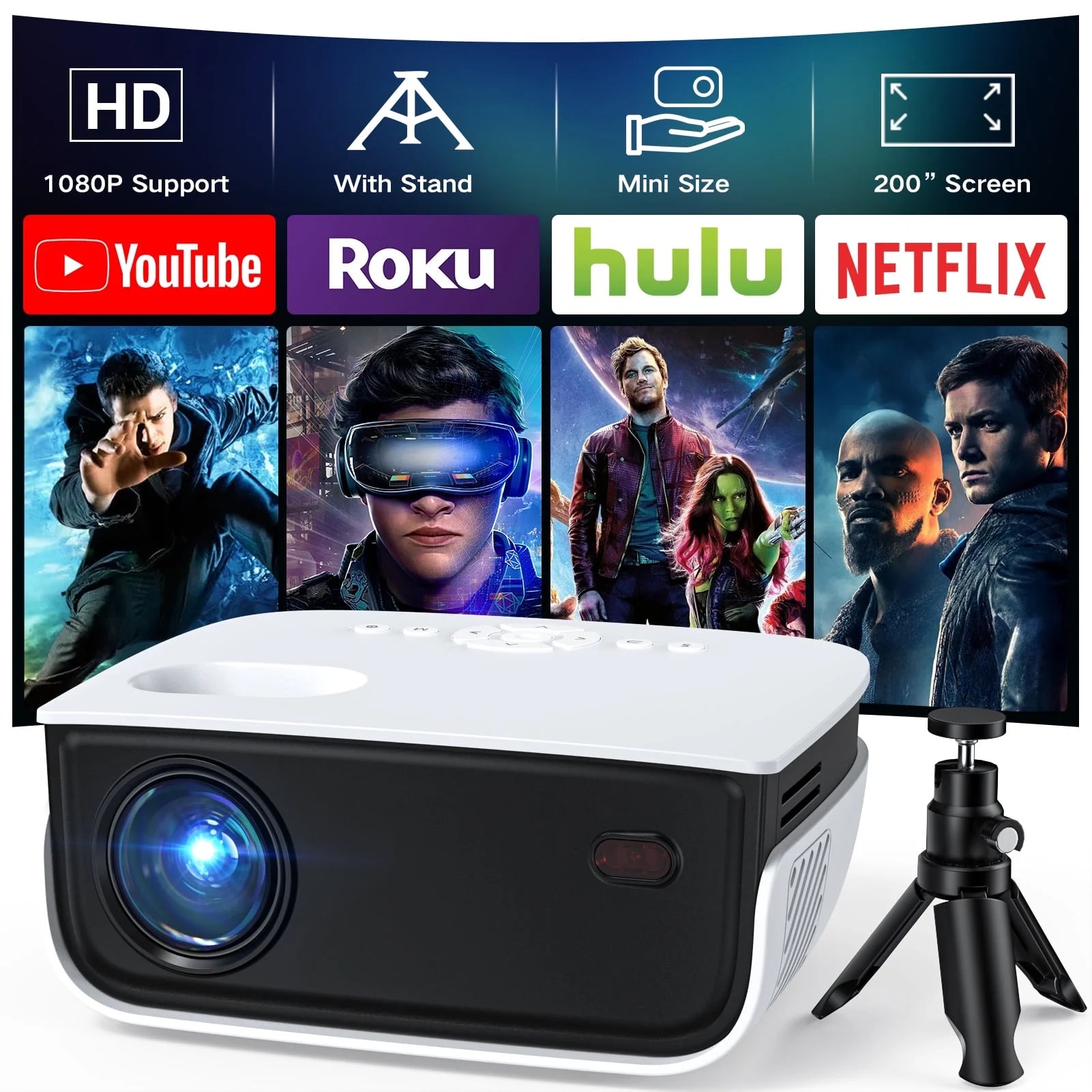 1080P Mini Projector,Keystone Correction,Up to Support 240'' Screen,With Stand