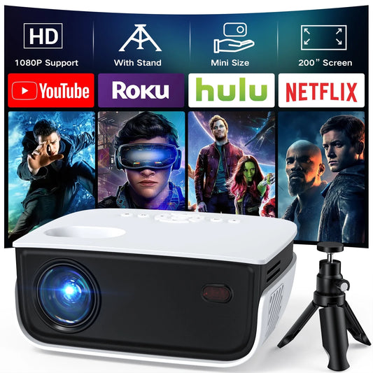 1080P Mini Projector,Keystone Correction,Up to Support 240'' Screen,With Stand